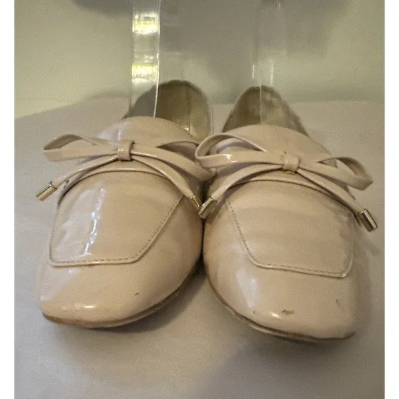 Zara‎ Patent Leather Shoes Loafers Women's 38 Beige Bow Preppy Working Flats - Picture 3 of 8